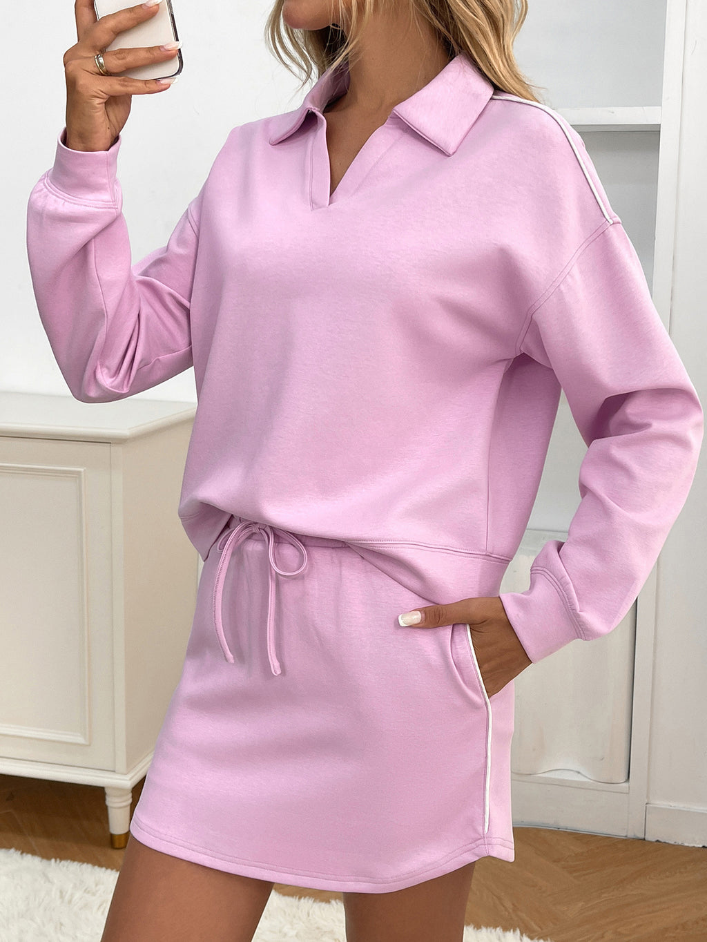 Casual Sport Lapel Long Sleeve Top With Pocket Skirt Set