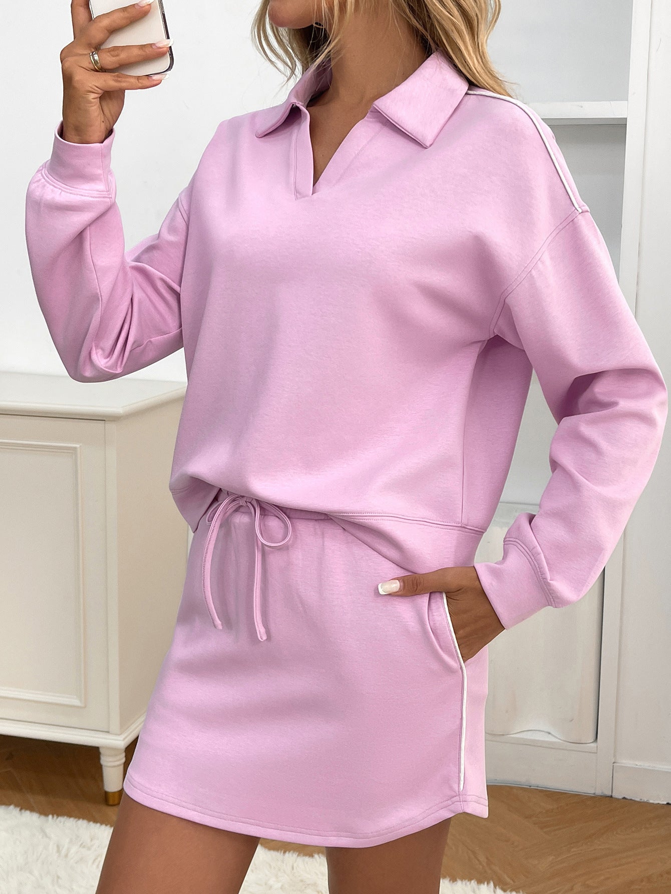 Casual Sport Lapel Long Sleeve Top With Pocket Skirt Set