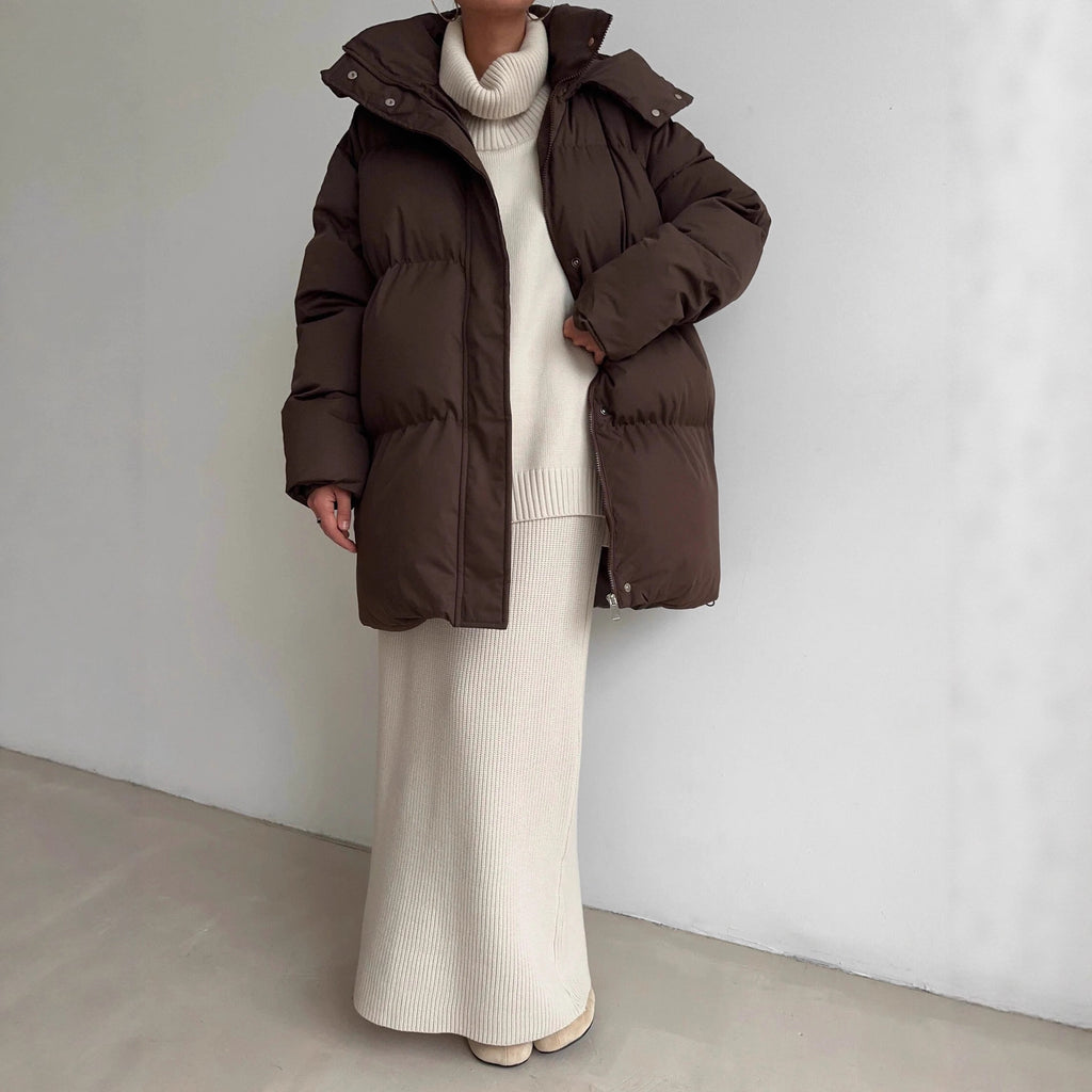 Casual Waist Tight Skinny Slimming Hooded Mid-length Bread Cotton-padded Jacket