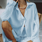 Women's Casual Long-sleeve Shirt And Shorts Set