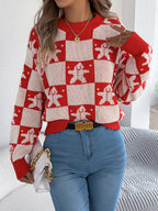 Snowflake Plaid Lantern Sleeve Pullover Sweater