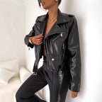 European And American Short Poly Urethane Leather Coat Top Zip Jacket