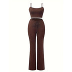 Women's Sexy Halter Crop Top With Drawstring Front And Flared Pants Two-piece Set