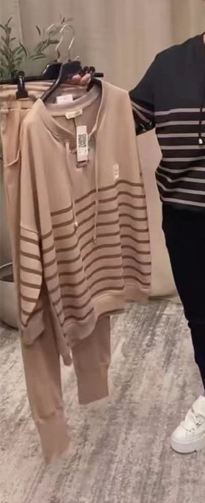 Striped Sporty Two-piece Loose Sweatshirt Sweatpants Set