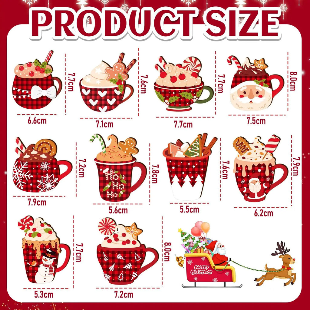 50 Pieces Christmas Wooden Ornaments Hot Cocoa Blanks Pendants Unfinished Predrilled Wood Buffalo Plaid Coffee Mug Slices Hanging For Xmas Festivals DIY Crafts Decoration, 10 Styles - The Premium