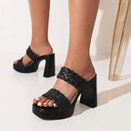 Round Toe Open Toe Side Empty Woven Foot Waterproof Platform Chunky Heel High Heel Sandals