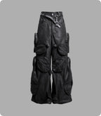 Black Loose-fitting Heavyweight Pure Cotton Cargo Pants With Multiple Pockets