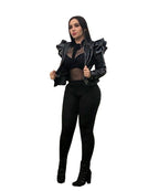 Leather Casual Women's Ruffled Leather Jacket