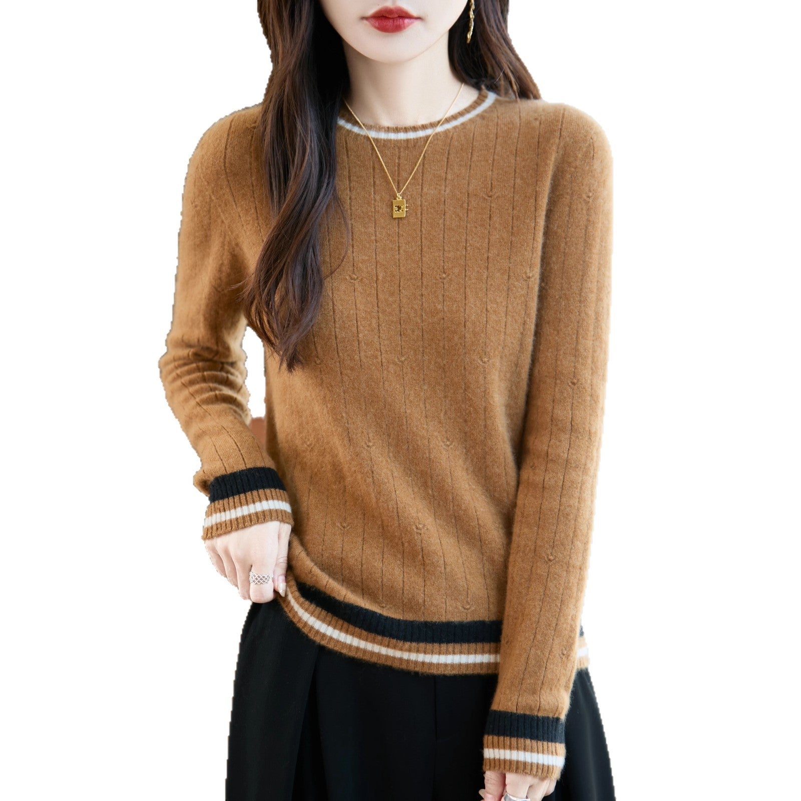 One-line Color-blocked Wool Sweater Women's Round Neck Trendy Design Loose