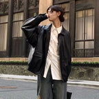 Women's Spring And Fall American Retro Loose Black Motorcycle Leather Jacket