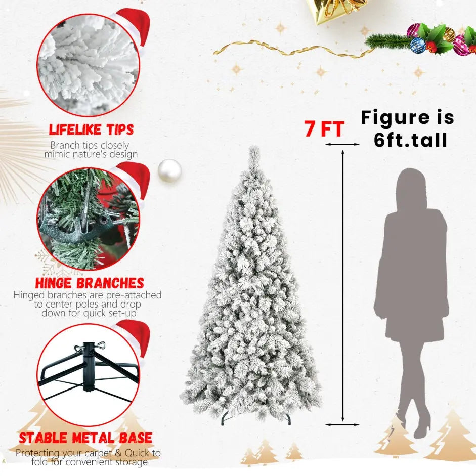 7-foot Flocked Christmas Tree With 1,060 Tips Snow-covered PVC Material And Stiff Needle Branches, Hinged Design For Easy Setup, Sturdy Metal Base Realistic Full-size Holiday Tree - The Premium