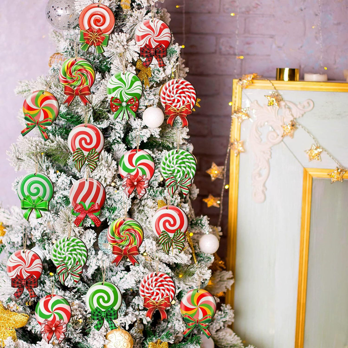 24PCS Christmas Candy Ornament With Ropes Colorful Candy Round Lollipop Wooden Pendant Xmas Hanging Decoration For Christmas Indoor Outdoor Home Yard Party Porch Decor