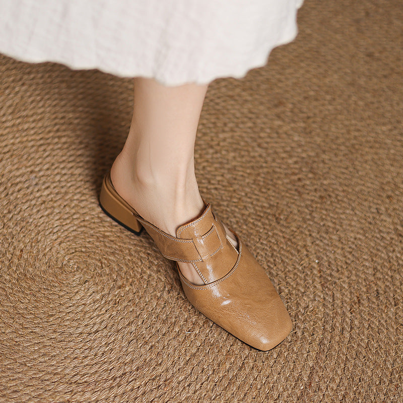 Retro Closed Toe Half Slippers Women's Summer Low Heel Thick Heel Rear Empty Sandals