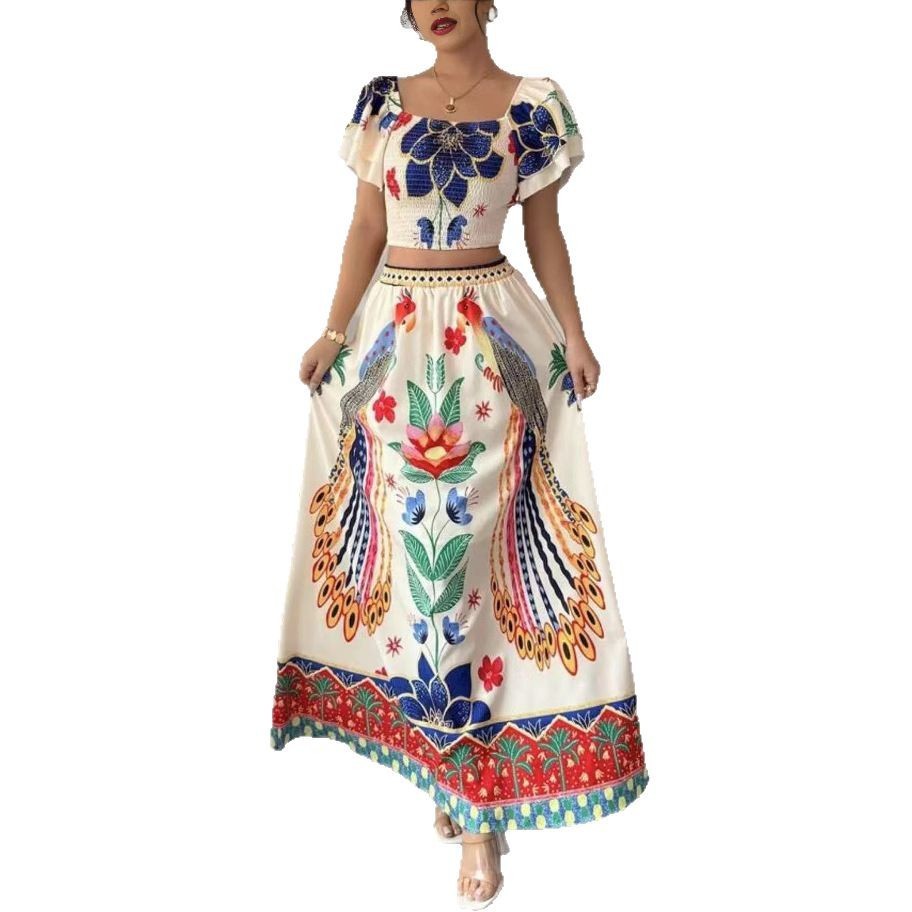 Printed Casual Vacation Bohemian Short-sleeved Top And Long Skirt Ladies Set