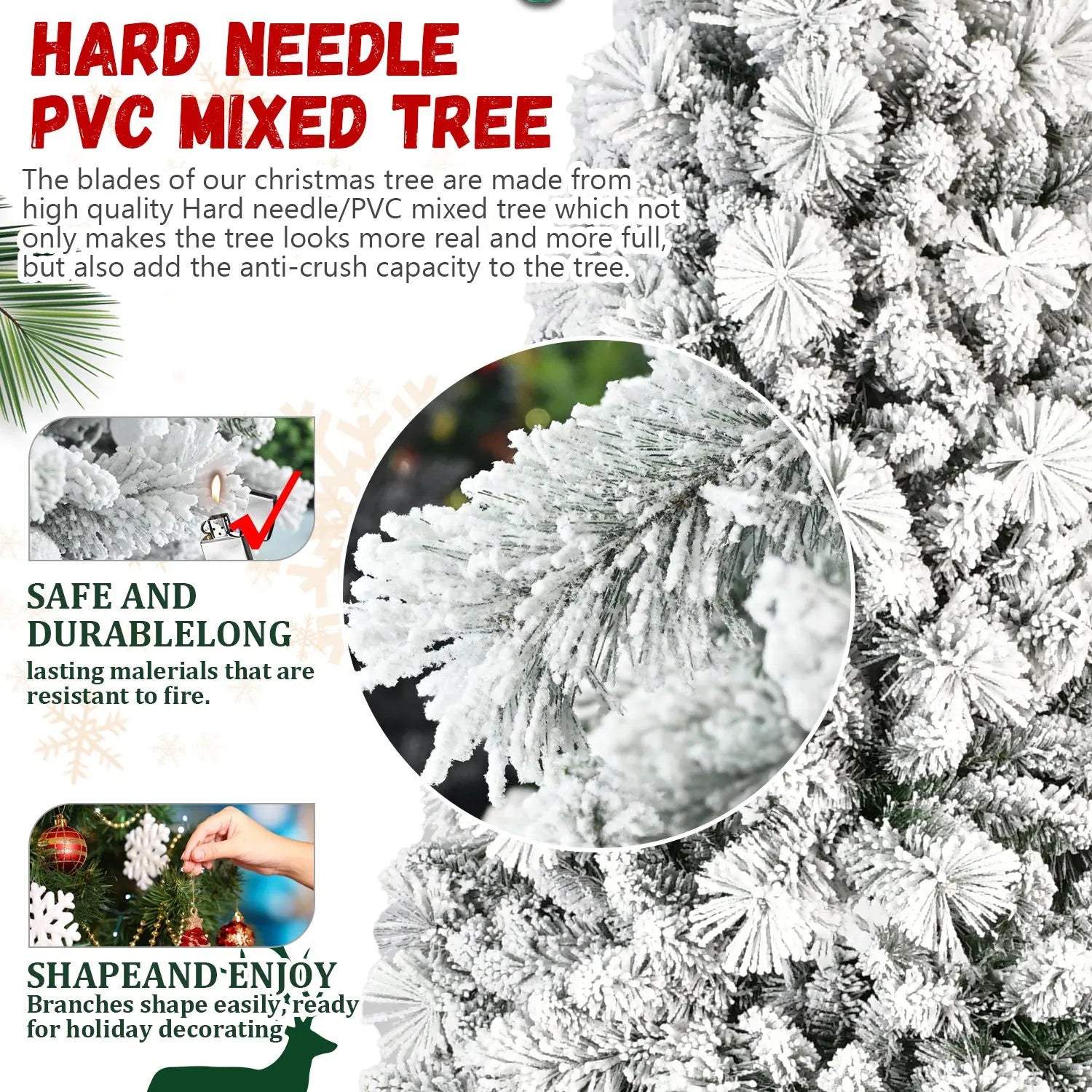 7-foot Flocked Christmas Tree With 1,060 Tips Snow-covered PVC Material And Stiff Needle Branches, Hinged Design For Easy Setup, Sturdy Metal Base Realistic Full-size Holiday Tree - The Premium