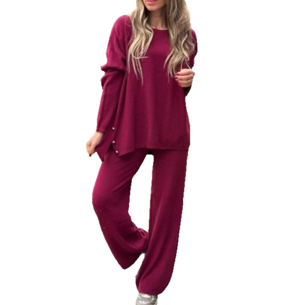 Solid Color Split Casual Wide-leg Pants Round Neck Long Sleeve