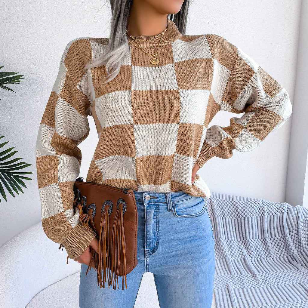 Street Style Color Block Plaid Long Sleeve Pullover Knit Sweater