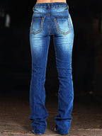 Women's Rhinestone Flare Jeans, Mid-Rise Stretch Denim With Geometric Studded & Embroidered Lower Leg, Bootcut Dress Pants