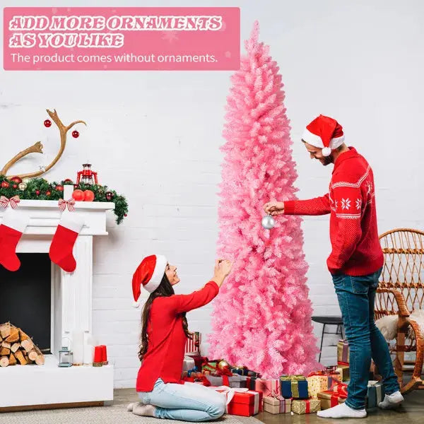7.5 FT Hinged Christmas Tree, Artificial Pencil Christmas Tree, Unlit Artificial Christmas Pine Tree With 1075 Branch Tips And Sturdy Stand, Pink - The Premium