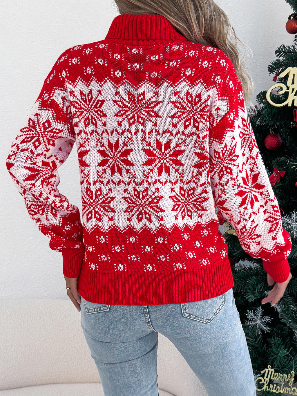 Snowflake Pattern Lantern Sleeve Turtleneck Pullover Sweater