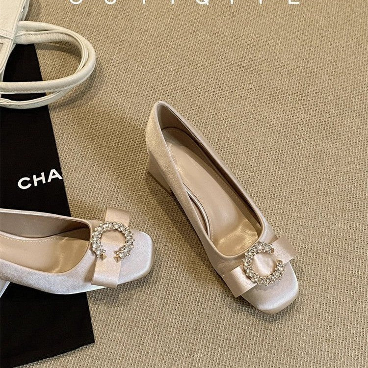 Bow Satin Square Toe Bridesmaid High Heels