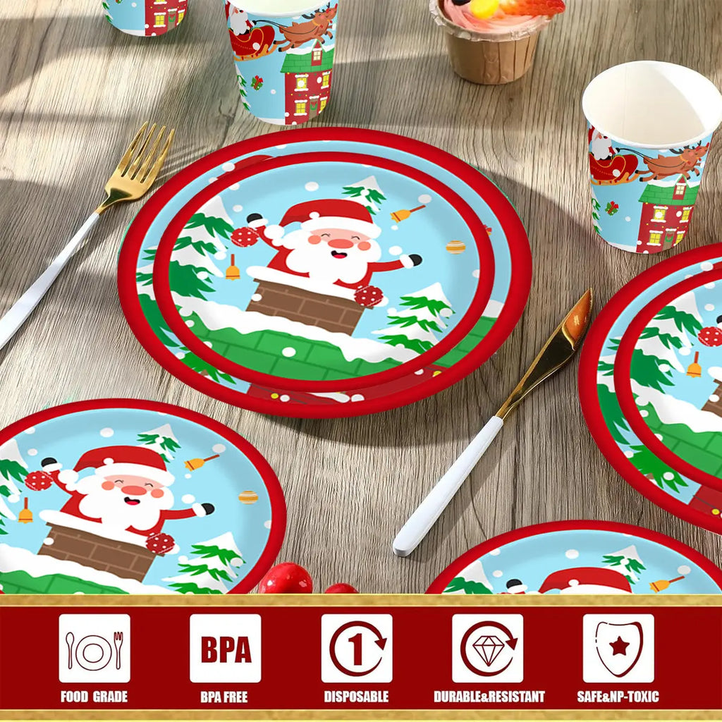 Christmas Paper Plates And Cups Set Decorations For 10 Guests Santa Claus Elk Pattern Plates And Cups For Winter Holiday Christmas Party Decorations - The Premium