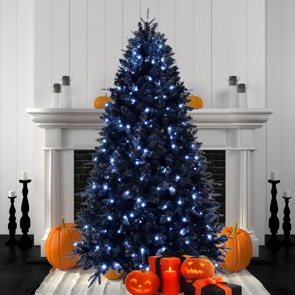 7-Foot Decorative Black Halloween Christmas Tree Artificial Holiday Decoration For Home, Office, And Halloween Parties. Includes 1,916 Branch Tips, 450 Lights, Metal Hinges, And A Foldable Base. - The Premium