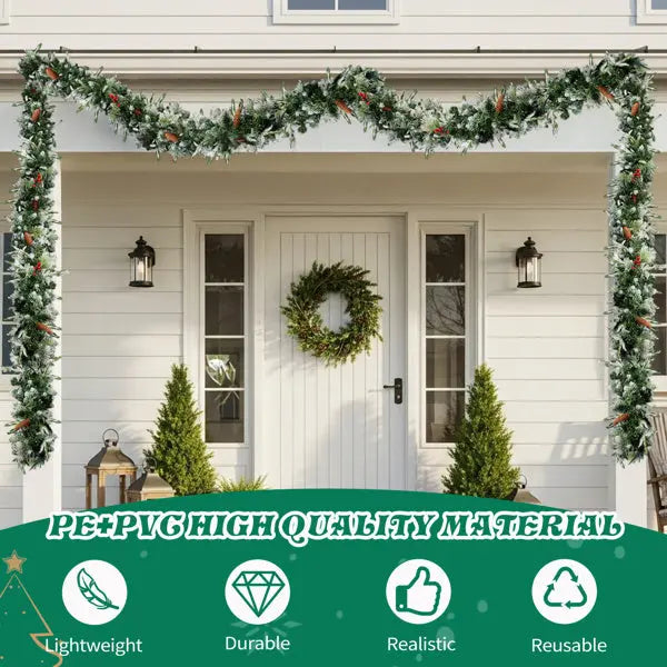 2 Pack 9FT Pre-lit Snow Flocked Christmas Garland, Lighted Artificial Xmas Garland With 200 Warm Lights And 440 Tips And Red Berries, For Front Door Gate Wall Xmas Party Decorations, Snowy Green - The Premium