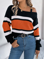Casual Color Block Striped Lantern Sleeve Metal Button Off-Shoulder Pullover Sweater