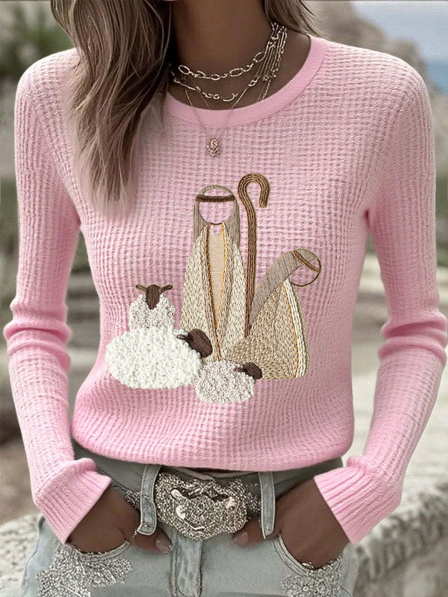 Women's Versatile Casual Blended Jacquard Embroidered Long-sleeve Sweater