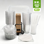 50Pack 16oz Disposable Cups COMPLETE KIT With Lids  Straws Includes 15Quart Storage Bin, Glass Straws  Dispenser Rack  For Wedding, Catering, Party  Coffee Events