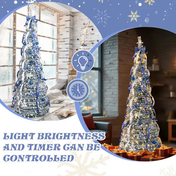 7 FT Snow Flocked Pre-lit Artificial Pop Up Christmas Tree With 200 Warm Lights And Blue & Silver Ornaments For Home Office Store Holiday Deco - The Premium