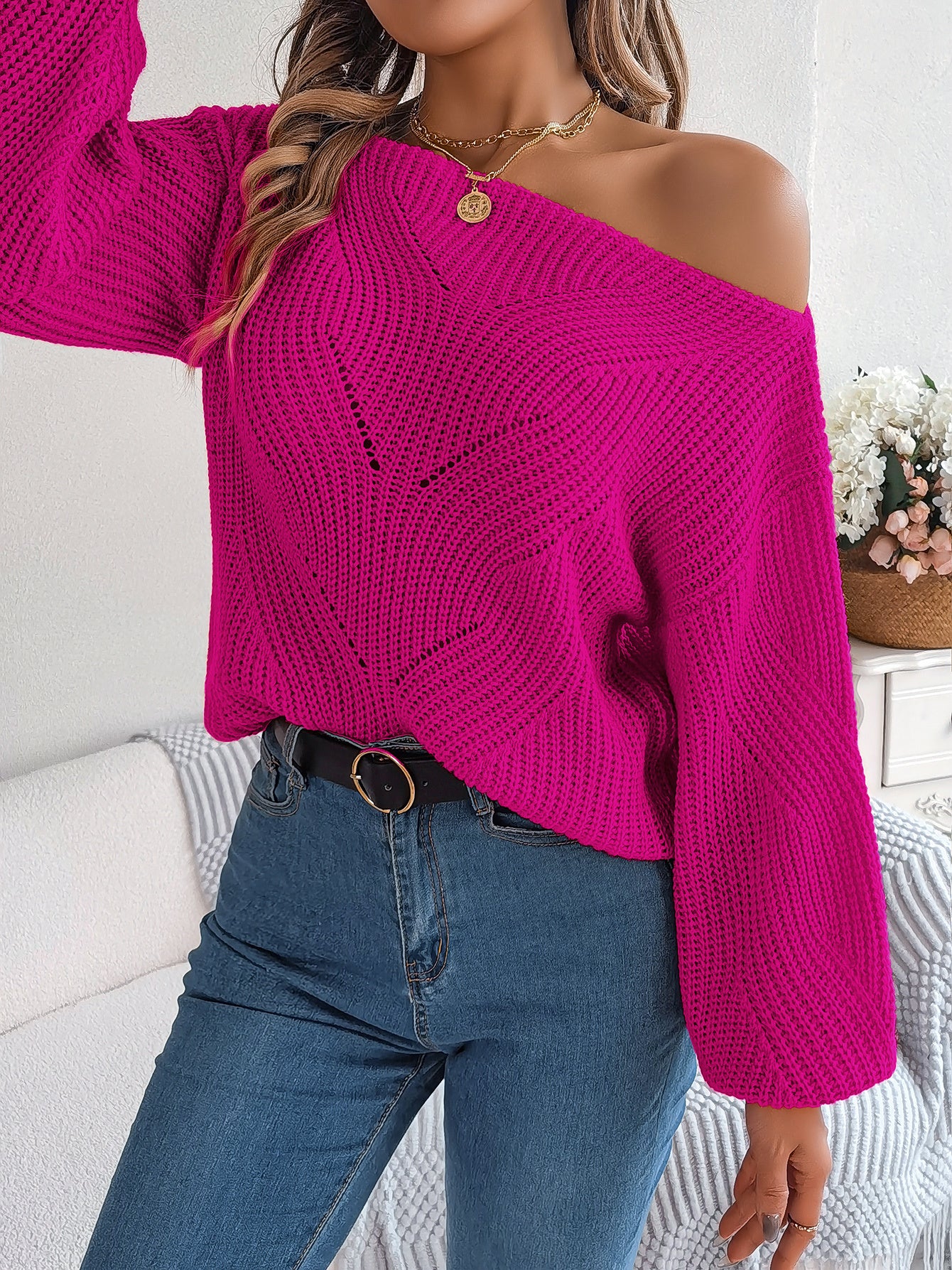 Casual Hollow Out Off-Shoulder Lantern Sleeve Sweater