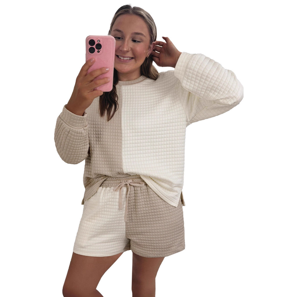 Women's Casual Color-block High-waist Long-sleeve Set