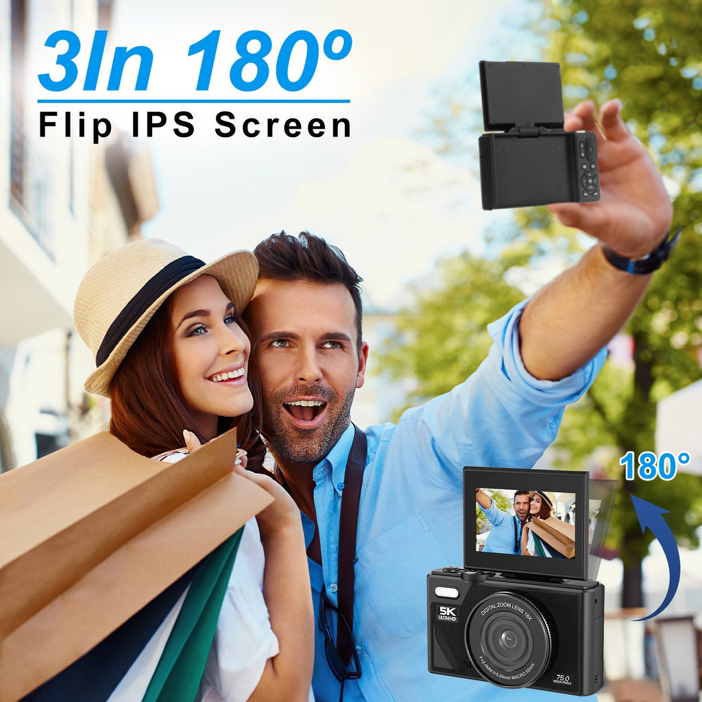 1Pc 5K 75MP Digital Camera For Photography Anti Shake WiFi Vlogging Video Camera With 9 Shooting Modes 18X Zoom Fill Light Webcam Function 2 Batteries 32G MMC Card 180Degree Flip IPS Screen