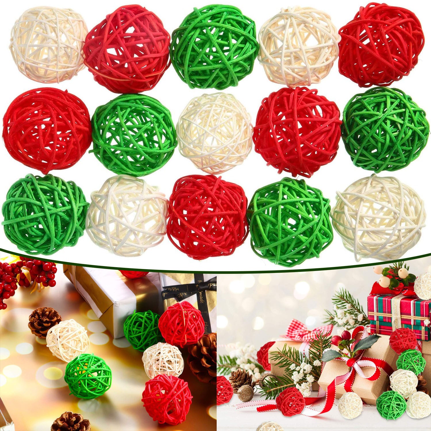30 Pieces Wicker Rattan Balls Decorative Orbs For Bowl Centerpieces Christmas Vase Filler For Holiday Xmas Home Table Decor DIY Craft Aromatherapy Accessories, 1.2 Inch Red White Green - The Premium