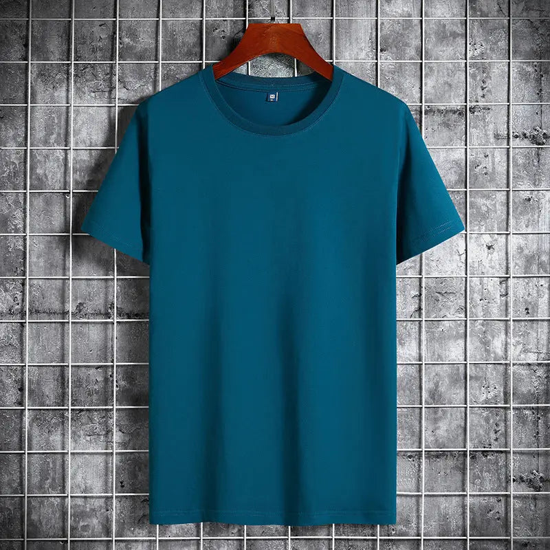 Cotton Short Sleeve T-shirt Men's Pure Color All-matching Round Neck Lycra Elastic Plus Size - The Premium