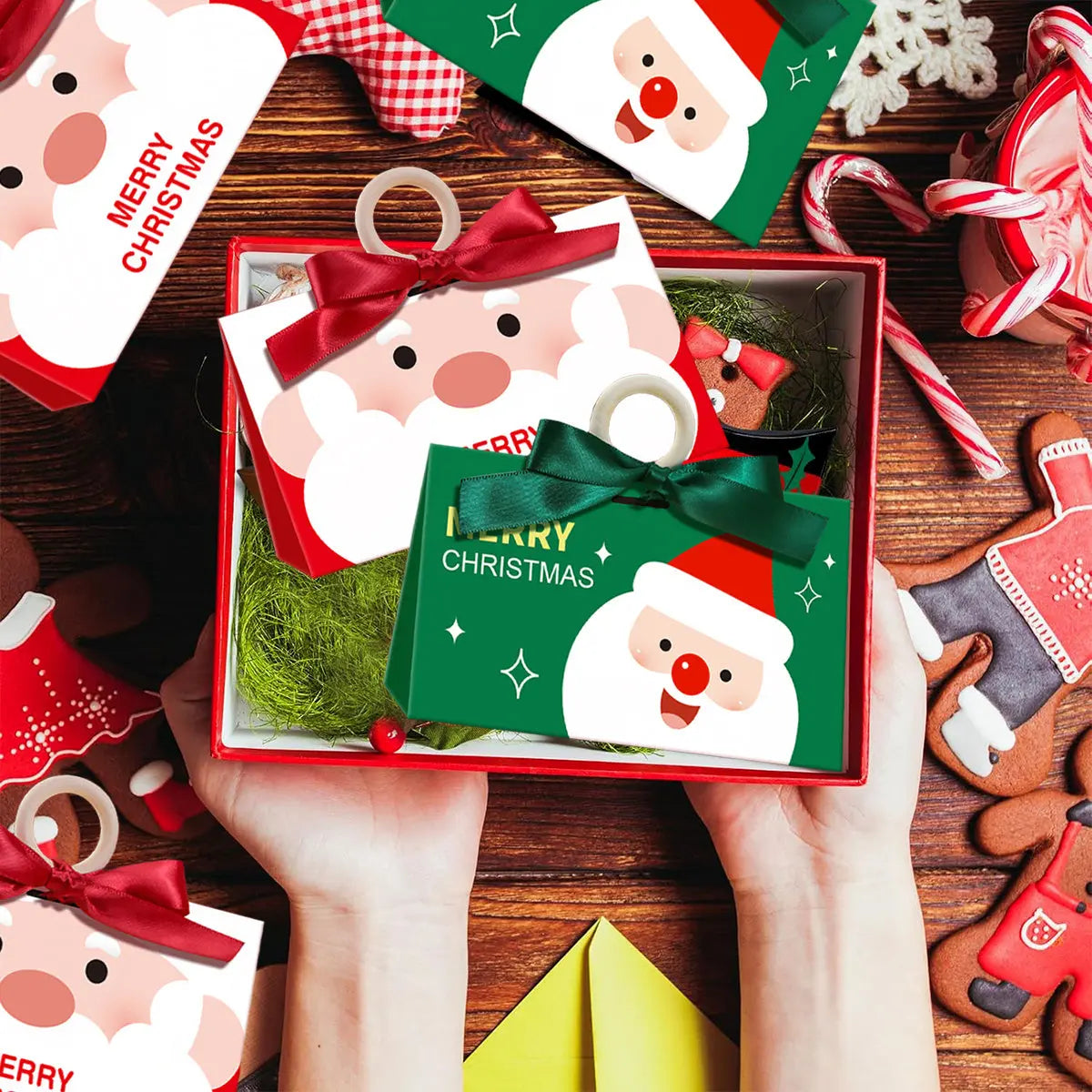 10 Pack Christmas Candy Boxes With Ribbon And Wooden Ring Merry Cartoon Paper Treat Boxes Christmas Santa Claus Pattern Cookie Goodies Box For Christmas Birthday Wedding Gift Wrapping Holiday Party Su - The Premium