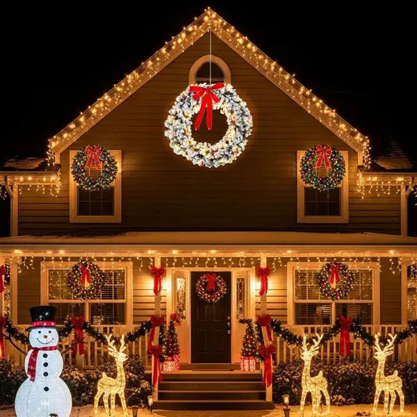 48in Pre-lit Snow Flocked Christmas Wreath, Lighted Artificial Xmas Wreath With 150 Warm White Lights And 450 PVC Tips And DIY Ornaments, For Front Door Gate Wall Xmas Party Decorations, Snowy Green - The Premium