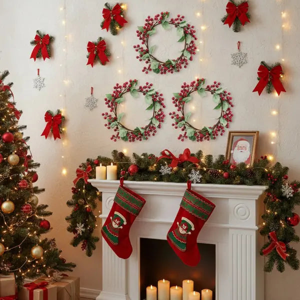 3PCS Set Christmas Door Wreath With Pine Cones & Greenery 13 Red Berry Holly Wreath For Holiday Home Decor FBA Shipment - The Premium