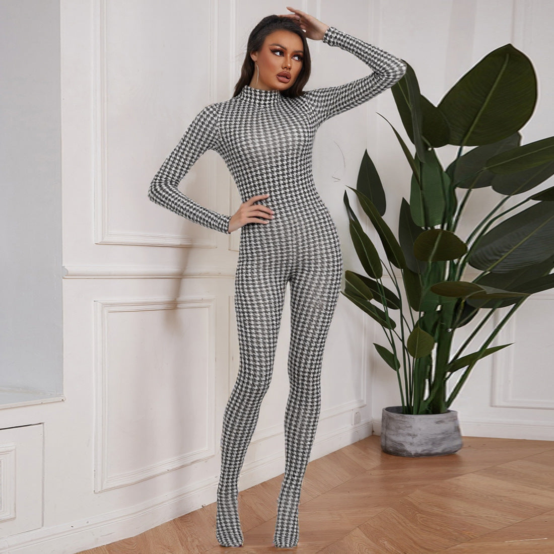 European And American Style Fashion Printed High-neck Long-sleeve Sexy High-waist Slim Jumpsuit