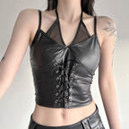 Sexy V-neck Halter Tied Slim Fit Slimming PU Leather Sling