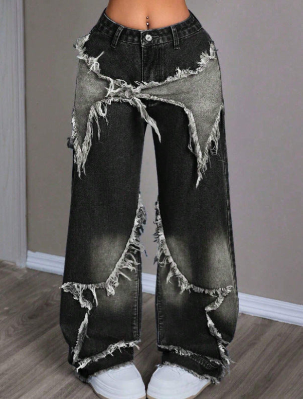 Retro Star Patchwork Heavy Wash Women's Jeans