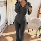 Women's Solid Color 2-Piece Set Hooded Belted Jacket With Pockets & Flare Leg Pant Suit For Spring And Fall