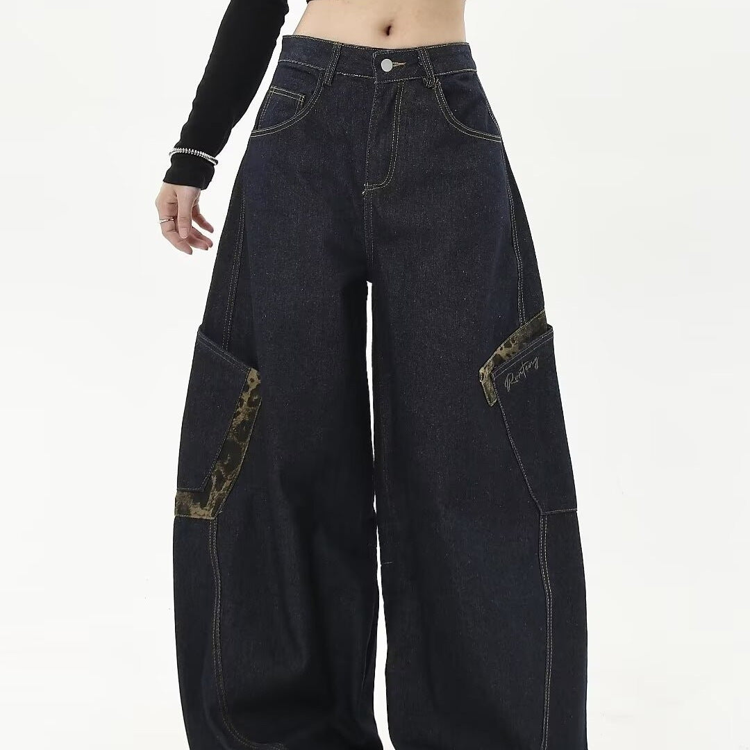 American Vintage Leopard Print Patchwork Large Pocket Cargo Jeans