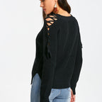 Hollow Knit Sweater Women Long Sleeve Tie Loose V-neck