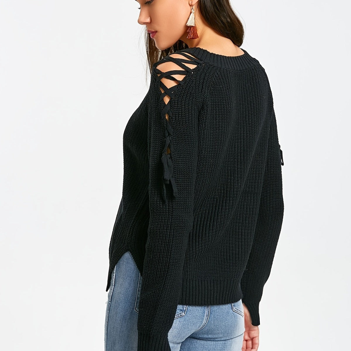 Hollow Knit Sweater Women Long Sleeve Tie Loose V-neck
