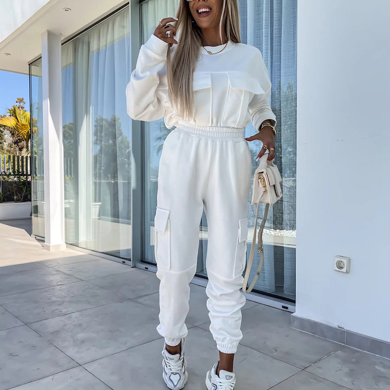 Long Sleeve Round Neck Pocket Loose Sweatshirt Casual Sports Pants