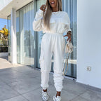 Long Sleeve Round Neck Pocket Loose Sweatshirt Casual Sports Pants