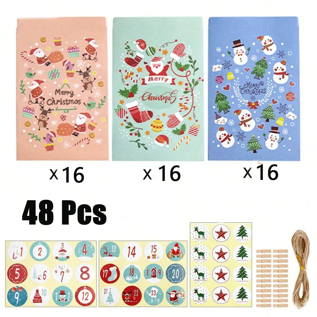 48-piece Christmas Advent Calendar Gift Bag Set, Envelope-style Gift Bags With Countdown Number Stickers From 1 To 24, Featuring Santa Claus And Snowman Patterns, Comes With Clips And Strings, Suitabl - The Premium